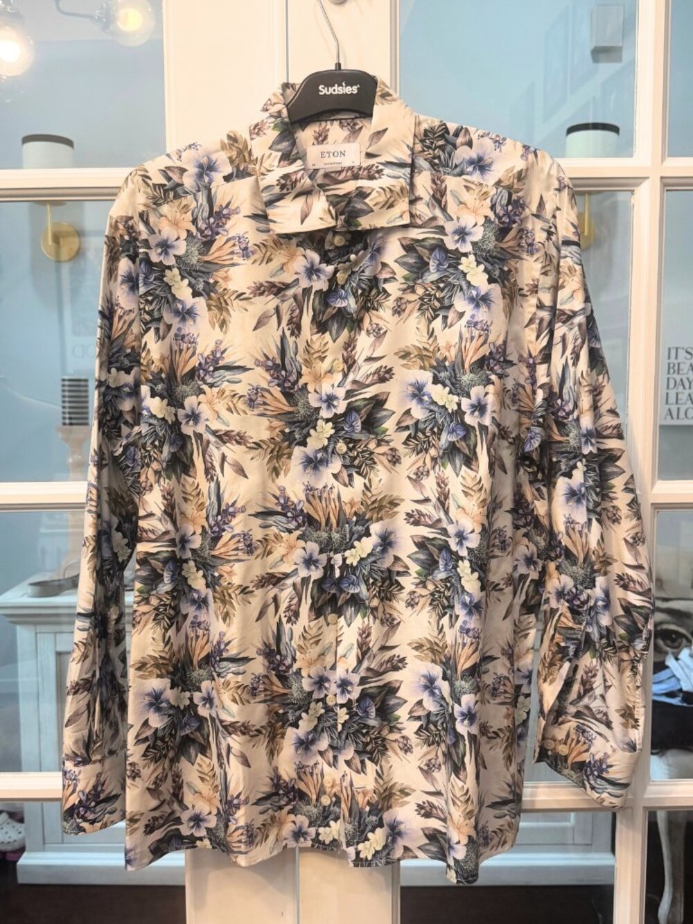 Eton Contemporary Shirt Mens XXL Blue Purple Beige Floral Button up 46/18